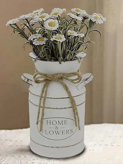 1pc/ Vintage Farmho Metal Galvanized Vase Rustic Crème Distressed Milk Can "Home Floral" Label, Perfect Tabletop Centerpiece Home Room Flower Glass