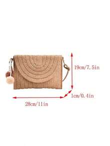 带磁性翻盖的草编斜挎包，信封形迷你方形包，配有腕带，时尚纯色百搭草编女士单肩包 - 卡其色 - 查看 6