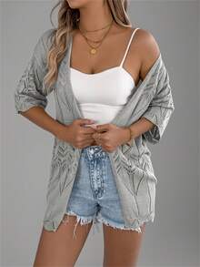 New Summer Hollow Out Short Sleeve Knit Cardigan, Vacation Beach Cover-Up Thin Jacket For Women - Grey - View 3