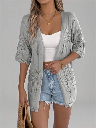 New Summer Hollow Out Short Sleeve Knit Cardigan, Vacation Beach Cover-Up Thin Jacket For Women