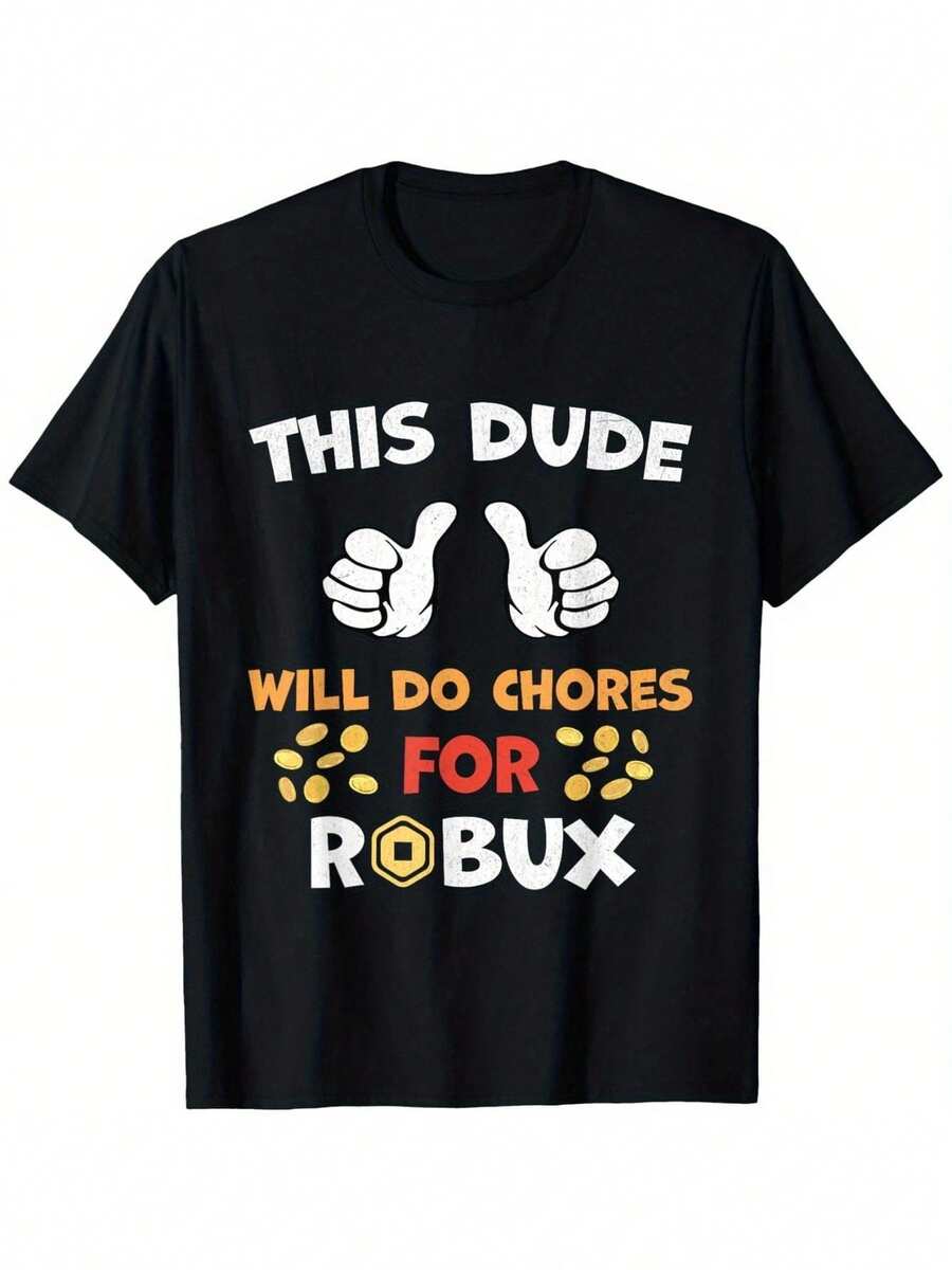 Boys' "This Dude Will Do Chores For Robux" T-Shirt - Breathable Cotton, Moisture-Wicking, Casual Crew Neck Short Sleeve Tee, Black With Thumbs-Up Graphic, Ideal Gift For Robux Players, Summer Tshirt | Playful Graphic Tee | Durable Knit - Black - View 1