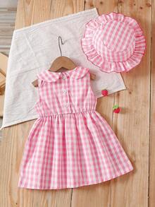 Baby Girls Strawberry Embroidery Plaid Sleeveless Dress With Hat, Vacation Style, Suitable For Outing, Party And Spring/Summer - Pink - View 2
