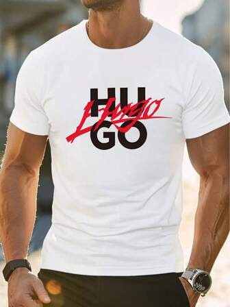 T-shirt blanc avec inscription << HU GO » et bordure rouge. T-shirt décontracté à manches courtes et col rond en pur coton pour homme, 220 g/m² (1 pièce)