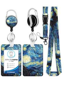 ID Badge Holder With Lanyard And Retractable Badge Reel Belt Clip,Art Night Painting Keychain Lanyards Clip On Badge Extender Vertical ID Sleeve For Teacher, Women, Students - Black - View 1