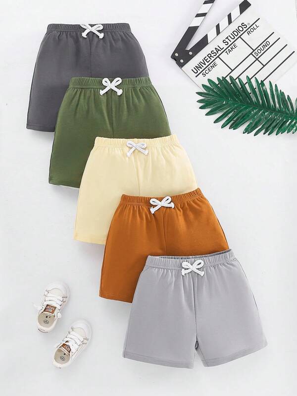 Set da 5 pezzi Pantaloncini da bambino in colore unito con fiocco elasticizzato, comodi per l'estate