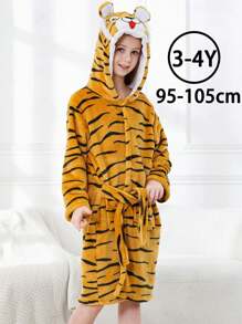 MICHLEY MICHLEY 1pc Kids Hooded Bathrobe With Belt Pockets Cartoon Animal Tiger Style Soft And Comfortable Nightgown Unisex Suitable For Living Room, Swimming Pool, Bathroom Kids Gift
