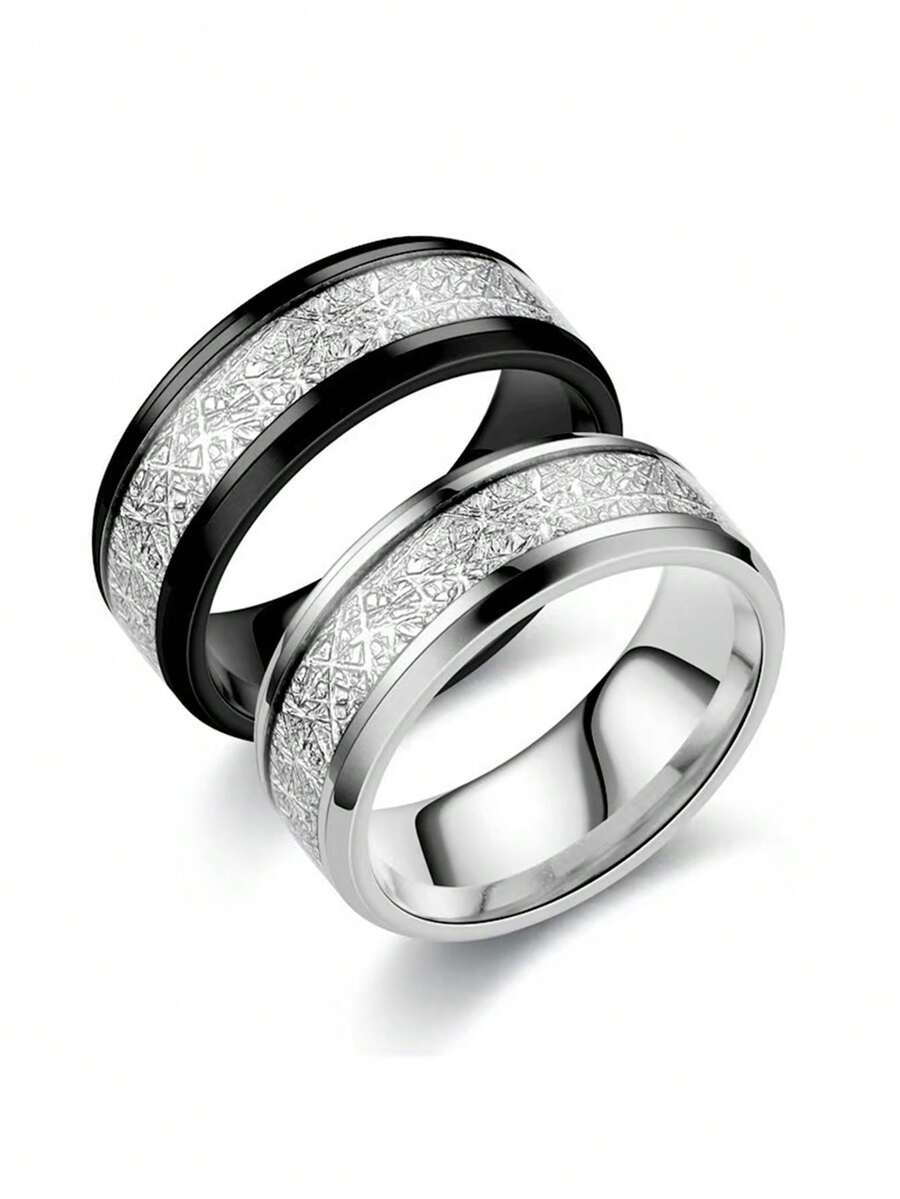 Fashionable Titanium Steel Frost Pattern Couples Rings, Fashionable Stylish Personalized Ring, Non-Fading - Silver Black - View 1