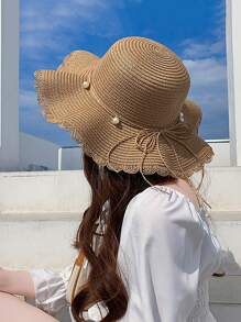 Sombrero de paja con ala ondulada, sombrero de sol de verano de moda con lazo decorativo, ala ancha para playa y vacaciones, para mujer