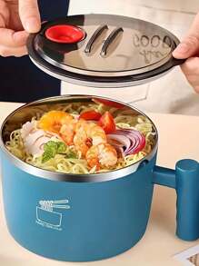 1pc Solid Color Round Double-Layer Insulated Stainless Steel Bowl With Draining Silicone Rim And Plastic Semi-Transparent Lid, Suitable For Office, School, Outdoor, Instant Noodles Container,School Supplies