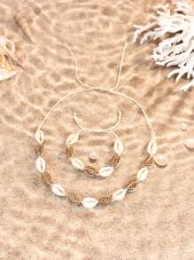 Conjunto de 2 peças de pulseira e colar de argila macia com conchas e flores, estilo boêmio, com estampa de rosa, margarida, estrela, leopardo e arco-íris, joias de praia estilo oceano