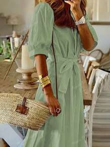 Women's Spring And Summer Thin Shirt Dress Open Collar Solid Color Loose Shirt Dress Tie Puff Sleeves Short Sleeves Non-Elastic Casual Commuting French Style Simple Slouchy Style Elegant Women's Vacation Wear Graduation Season Valentine's Day Independence Day Back To School Season Gift Ladies Dress