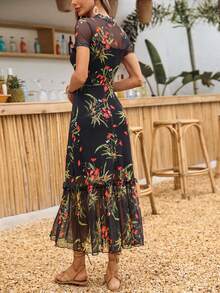 Women's Gothic Elegant Black Base Colorful Floral Print Mesh Round Neck Short Sleeve Waist Ruffle Hem Maxi Dress - Multicolor - View 6
