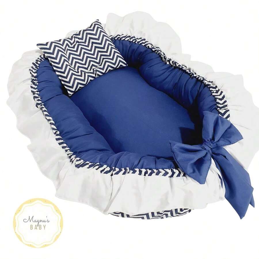 Crib Reducer Nest For Baby With Bow And Pillow/Girls/Boys/Various Colors And Themes - hình chữ V hải quân/hải quân - Xem 1