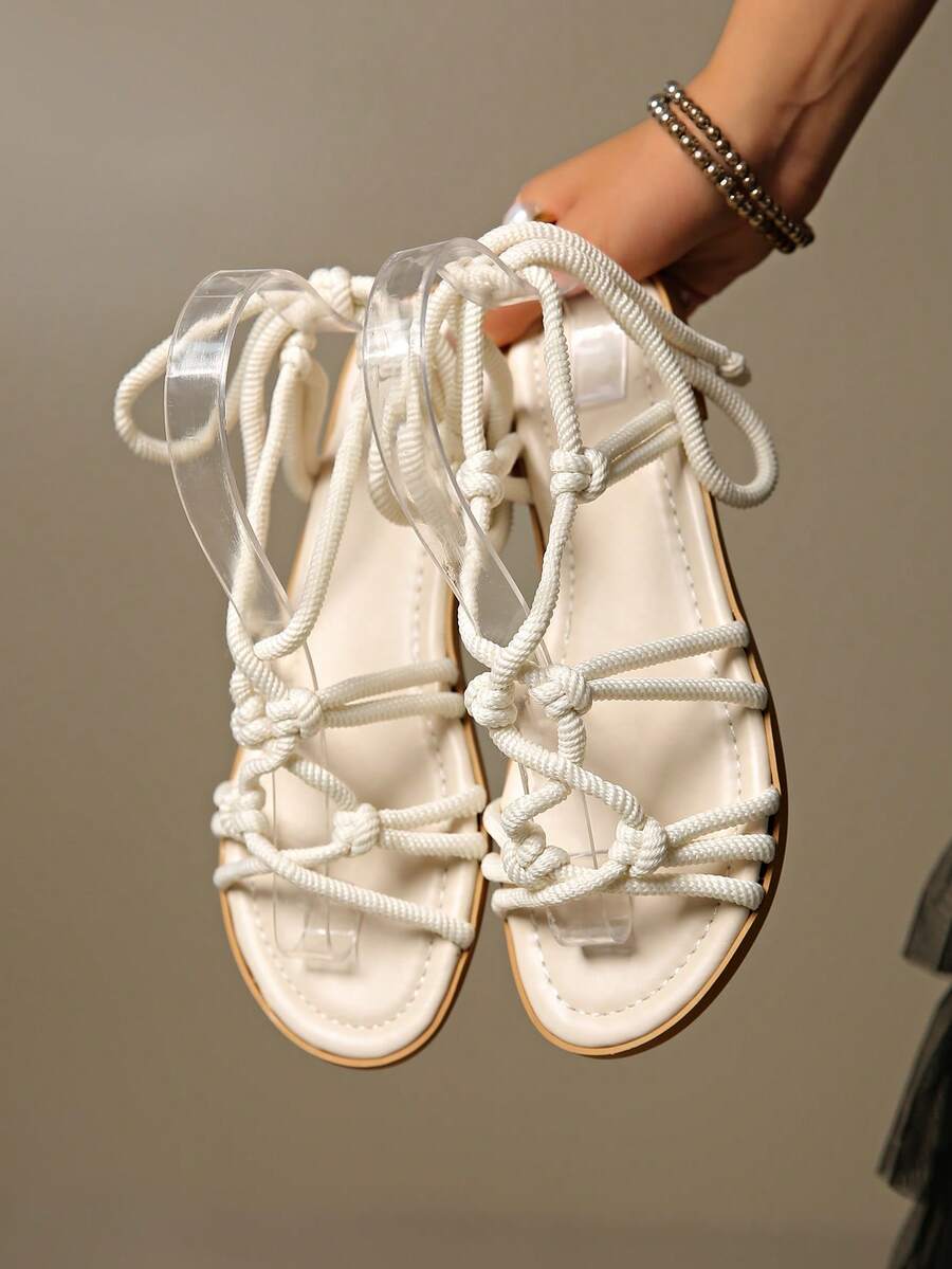 女士夏季假日交叉带条纹组合平底凉鞋带绳编织镂空透气舒适平底鞋，波西米亚风格