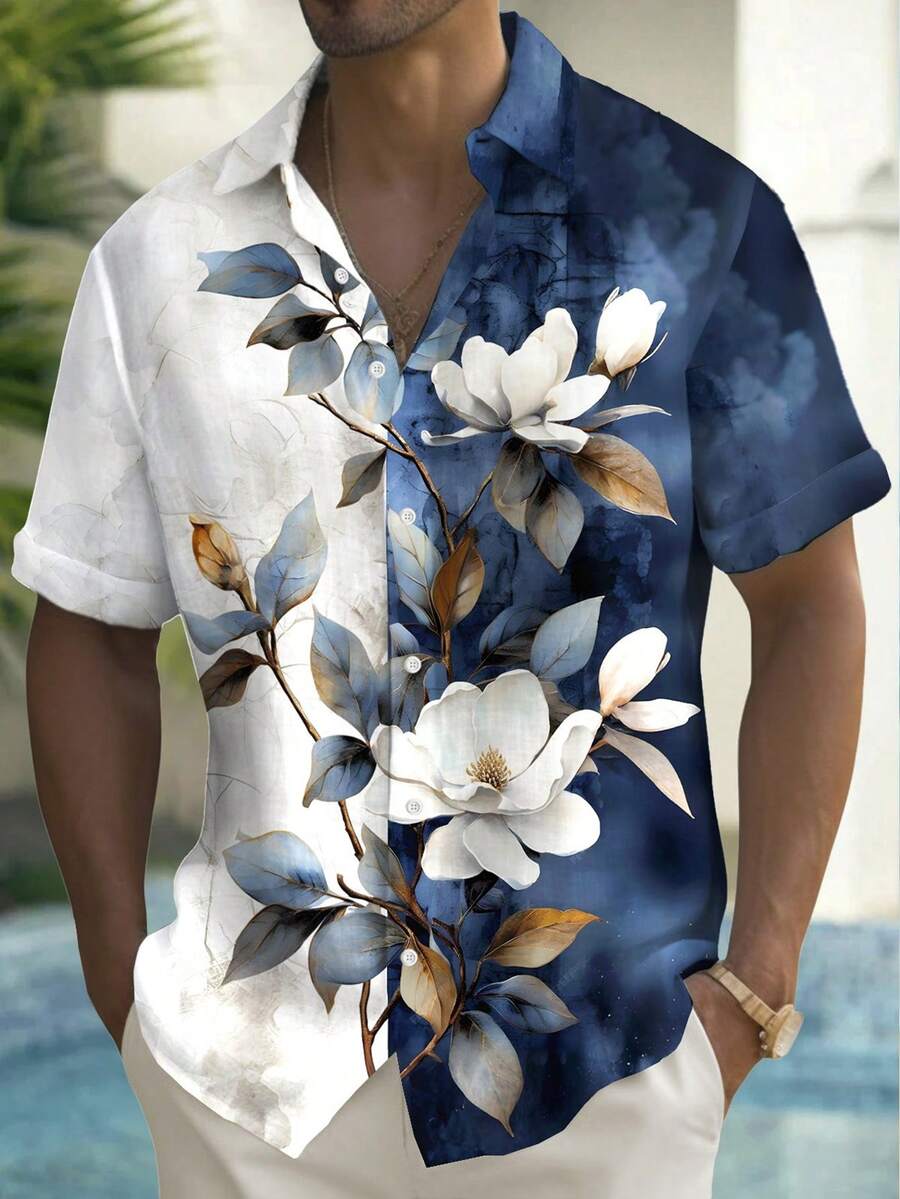 夏威夷复古花卉印花男士纽扣短袖衬衫 - 彩色 - 查看 1