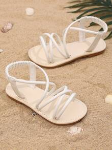 1 Pair Plus Size Toddler Girls White Flat Sandals, Solid Color PU Adjustable Criss Cross Strap, Round Toe, Non-Slip Lightweight Outsole, Fashion Elegant Cute Roman Style Sandals, Suitable For 3-15 Years Old Students Daily, Party, Travel, Spring/Summer - 白色 - 查看 3