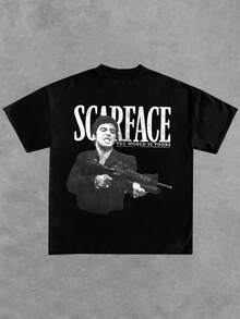 Playera de verano para hombre, estampado de personajes de películas, cuello redondo, manga corta, 100 % algodón, 220 g, algodón grueso, cómoda - Negro - Ver 3