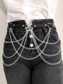 女士皮革链条腰带，街头风女士链条束腰带，锐舞派对装扮腰链 - 黑色 - 查看 5