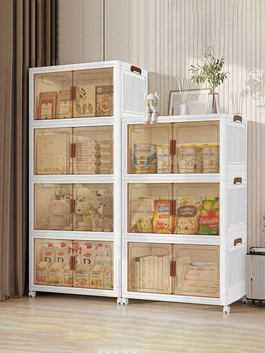 VOOVA 70cm 4/5layers Storage Cabinet, Household Foldable Sundries Storage Box, Large Capacity Plastic Boxes With Door And Wheels, For Bedroom, Living Room And Kitchen, Home Organizers And Storage, Home Accessories - White - View 1
