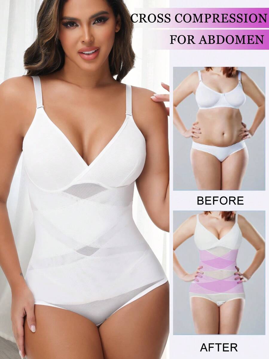 Women Sexy V-Neck Shapewear Bodysuit Tummy Control Slimming Abdomen Compression Body Shaper Underwear Body Sculpting Tank Top Snatched Waist Body Suit Waist Trainer - 白色 - 查看 1