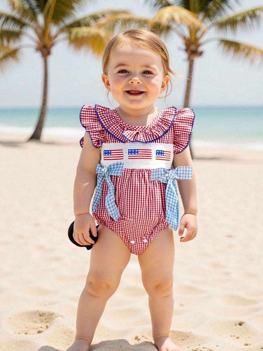 Baby Girl 4th Of July Romper American Flag Embroidery Plaid Ruffled Trim Flying Sleeve Newborn Jumpsuit For Independence Day - Đỏ - Xem 1