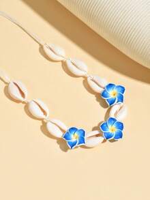 1pc Bohemian Resort Style Soft Clay Flower Woven Adjustable Necklace For Women - Blue - View 3