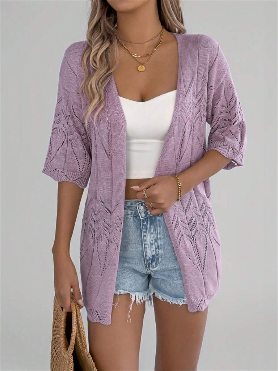 Women Beach Lace Crochet Short Sleeve Knit Cardigan Cover Up Solid Summer Vacation Boho Lightweight - 淡紫色 - 查看 1