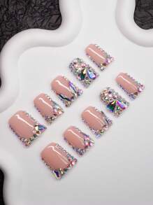 Spring/Summer Handmade Duck-Mouth-Shaped French Manicure Stiletto Nails With Crystal Decor, Y2K Style, Nude Color, 10pcs/Set, 3 Size Options, Suitable For Parties, Ceremonies, Daily Wear, Comes With Tools, Great Gift For Women & Girls