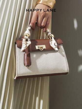 HAPPY LANE Fashionable Brown Patchwork Minimalist Handbag, Vintage Resort Style Shoulder Bag, Includes Ribbon Accessory, Suitable For Business, Casual, Shopping, And School, Top Handle Bag With Detachable Shoulder Strap, Crossbody Bag, Comfortable And Durable, Retro Charm For Elegant Women, Versatile For Any Occasion, Showcase Unique Fashionable Taste