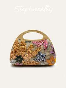STEPHIECATHY Women's Fashion Wood Handle Straw Woven Handbag Luxury Random Floral Pattern Sequined Top-Handle Clutch Bag Magnet Closure Long Chain Purse Elegant Portable Date Wedding Vacation Summer Travel, Perfectly Matching With Vacation Outfits Women
