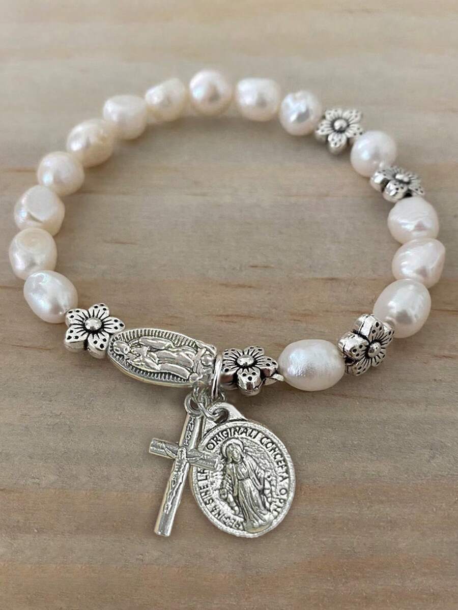 1pc Faux Pearl Beaded Flower & Cross Virgin Mary Pendant Bracelet, Vintage Style Suitable For Men And Women Daily Wear, Jewelry Gift - 彩色 - 查看 1