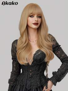 Perucas douradas onduladas de 22 polegadas para mulheres, perucas elegantes, fofas e cacheadas com franja, perucas de fibra sintética resistente ao calor, para uso diário, para meninas, festas de festivais de música, moda urbana Y2K, uso fotográfico, acessórios de peruca da moda para combinar