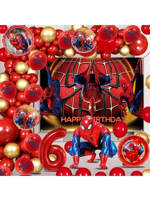 Sanrio Conjunto de balões com tema do Homem-Aranha, 64 peças, decorações para festa de aniversário, balões de super-heróis, banner de fundo para festa de aniversário, layout de cenário