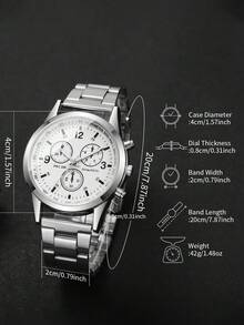 1pc Men's Fashion Business Three-Eye Numeric Scale Dial Classic Quartz Wristwatch, Not Including Watch Box - Silver - View 3