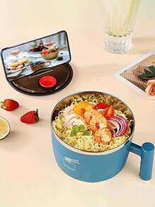 1pc Solid Color Round Double-Layer Insulated Stainless Steel Bowl With Draining Silicone Rim And Plastic Semi-Transparent Lid, Suitable For Office, School, Outdoor, Instant Noodles Container,School Supplies