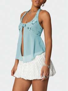 Women Sequin Beaded Mesh Patchwork Halter Top Y2K Sparkly Sleeveless Deep Low Cut Split Sheer Cami Tank Tops Glitter Rhinestone Backless Camisole Crop Tops Summer Slim Fit Vests Shirts Going Out Tops Club Party Beach Streetwear - 藍色 - 查看 5