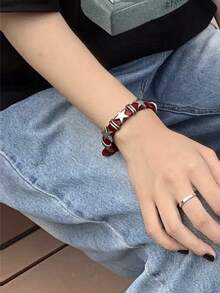 1pc Punk Style PU Leather Adjustable Rivet Star Bracelet, Subculture Fashion Accessory For Unisex Couples - Red - View 3