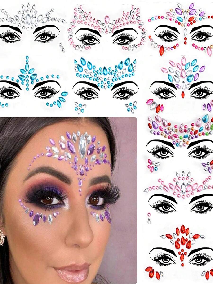 1pc AB Colorful Diamond Rhinestone Face Jewel Stickers Aurora Crystal Facial Gem Tattoo Decorations Festive Eye & Forehead Embellishments For Party, Halloween, Festival, Music Concert - Multicolor - View 1