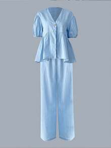 Quần ống rộng tay ngắn cổ chữ V đơn giản cho nữ, màu trơn, trang nhã, thường ngày mùa hè - Màu xanh lam - Xem 5