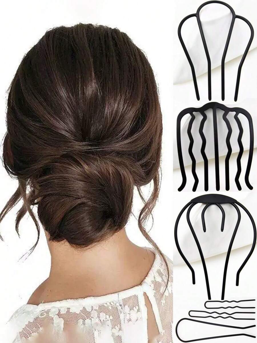 Solid Color Metal Bun Maker Tools Set, School & Home Use Slouchy Scrunchie Hair Clips (Slight Scratches On Lacquered Products Are Normal) - View 1