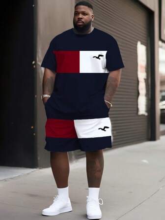 2 pezzi Set di top a maniche corte e pantaloncini con stampa a contrasto di colore, di moda, per uomo taglia grande, completo con t-shirt a girocollo e pantaloncini con coulisse