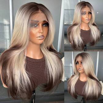 Peruki syntetyczne Kanekalon Futura Hair 13x4 Ombre z koronką z przodu dla kobiet, 18 cali, średniej długości, falowane, z grzywką typu Curtain, bez kleju, odporne na włosy Kanekalon, peruki syntetyczne, przedziałek na środku, gęstość 150%, przezroczyste, HD, do noszenia i noszenia, peruki z włókien odpornych na ciepło, do codziennego użytku na imprezy, wakacje, święta