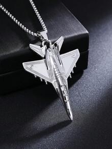1pc Retro Style Unique J-20 Fighter Jet Pendant Necklace, Fashionable Stainless Steel Long Sweater Chain Accessory, Popular Hiphop Military Enthusiast Gift For Men, Daily Wear - Antique Silver - View 9