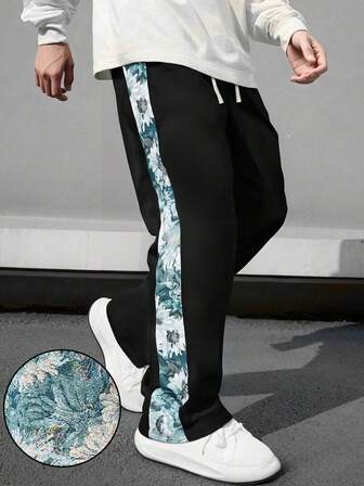 Męskie spodnie casualowe z prostymi nogawkami i bocznym panelem z żakardu w kwiaty, jesień