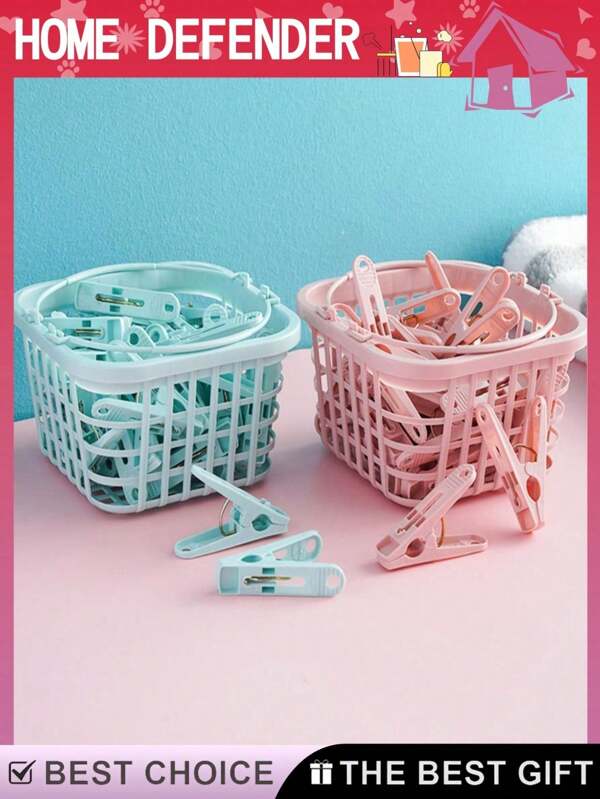 30pcs Clothes Pegs With Storage Baskets (Please Check The Size Before Purchase), Waterproof, With Strong Clamping Force, Extremely Practical, Suitable For Drying Various Clothes, Decorating Ohotos, Star Stickers, Etc.30 Pcs Windproof Clothespins Underwear Socks Plastic Small Clips With Storage Basket Multifunctional Clothes Drying Clips
