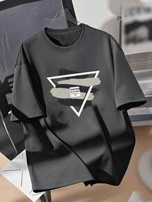 男童倒三角迷彩字母印花圆领短袖T恤，新款夏季休闲上衣，帅气男童T恤 - 深灰色 - 查看 4