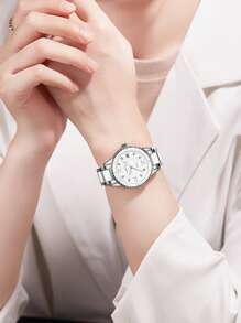 BIDEN 1 peça pequeno relógio redondo retrô luxuoso feminino, elegante relógio de quartzo com pulseira, design clássico relógio feminino com data