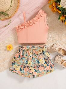 Young Girls Sleeveless Frill Trim Cami Top + Sunflower All-Over Print Bow Shorts 2pcs Set - Dusty Pink - View 7