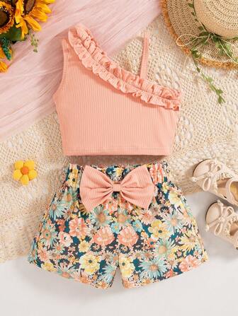 Conjunto de 2 piezas para niñas pequeñas que incluye top de tirantes con volantes + shorts con estampado todo sobre de girasol y lazo