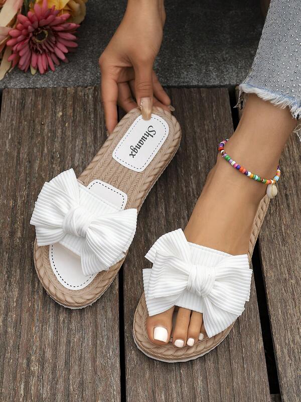 女士蝴蝶结装饰平底凉鞋，超宽轻便夏季女士拖鞋，防滑女士沙滩鞋，露趾女士拖鞋，女士一脚蹬鞋